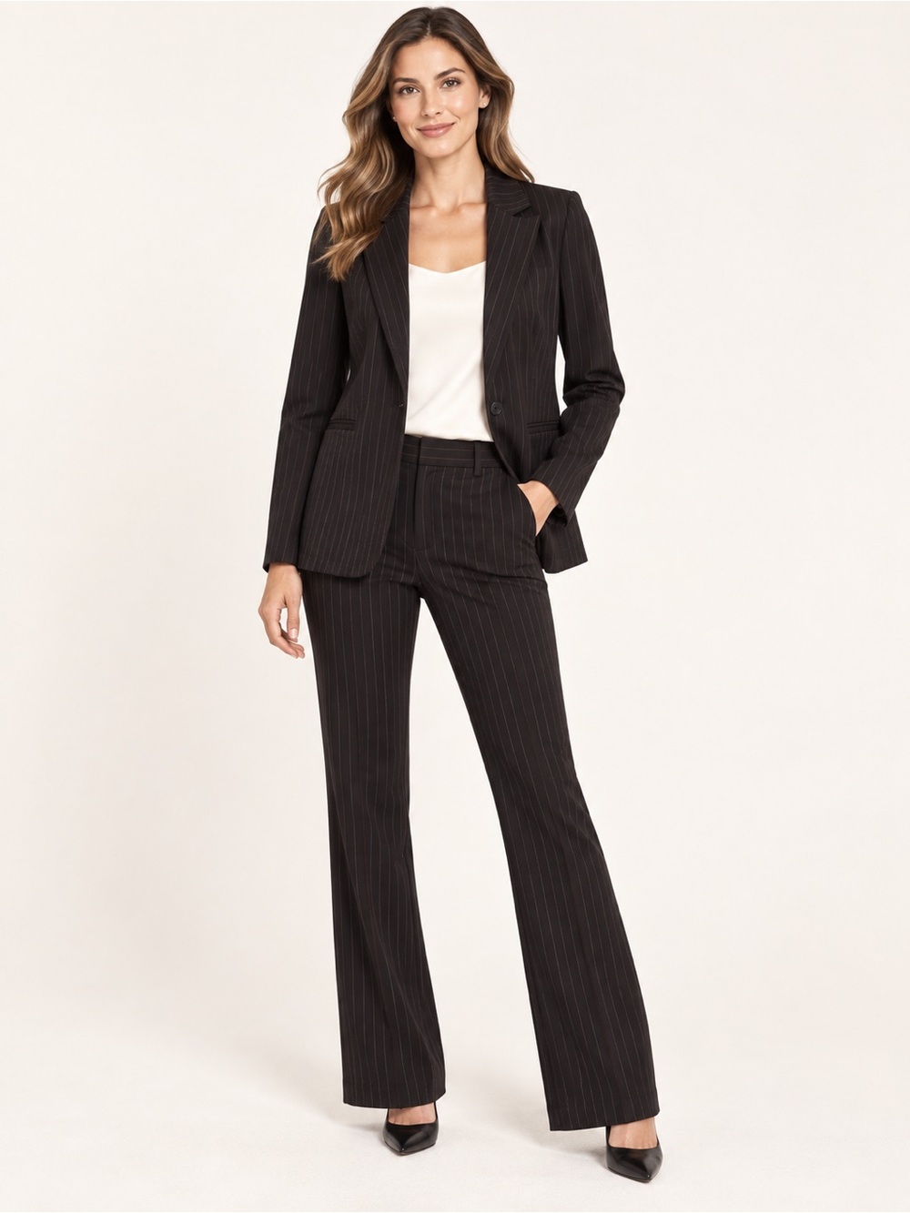 Liverpool Los Angeles Black White Pinstripe Blazer & Kelsey Flare Trouser Suit